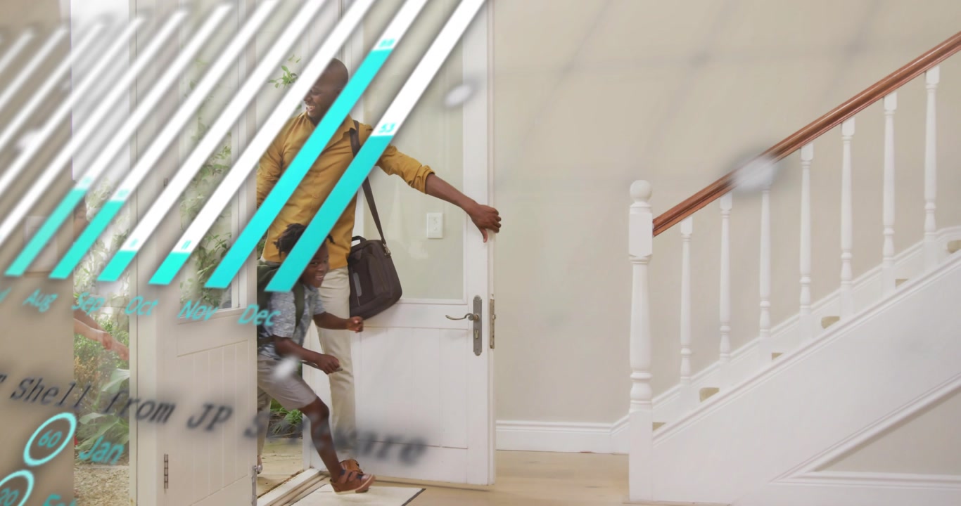Adult male opening door as children running into home toward stairs, teal charts obscuring action