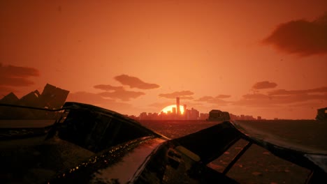 post-apocalyptic sunset over a ruined city