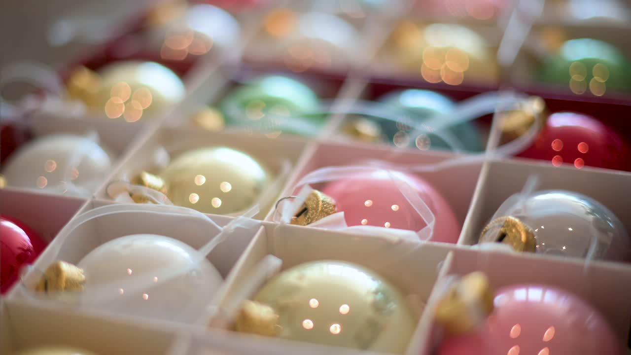 fotografía macro de bolas de navidad reflectantes y coloridas cuidadosamente dispuestas en una caja