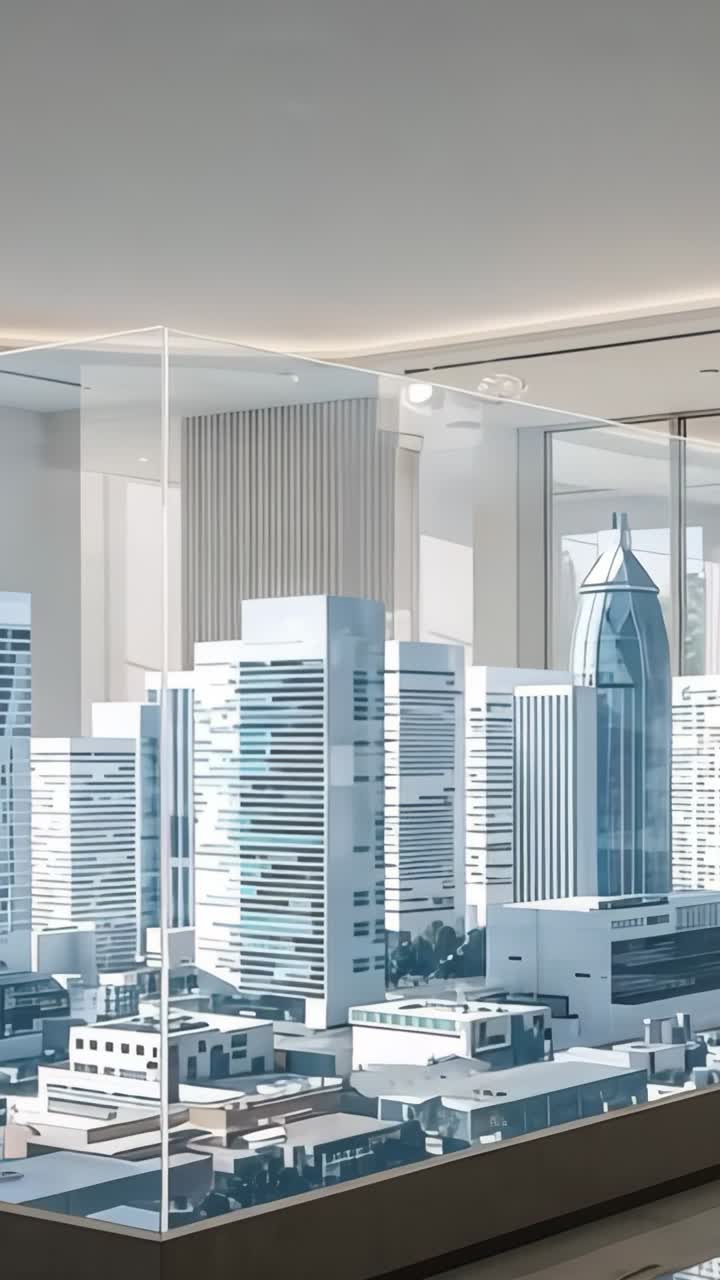 Vertical video: Panning camera revealing scale model of city skyline under glass in showroom