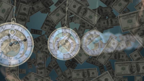 animation shows clocks and falling dollars, symbolizing global economy.