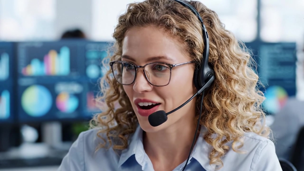 Engaging Customer Service Representative at Work, Utilizing Headset and Smiling While Managing Client Interactions Amidst Data Charts and Graphs in Office Environment