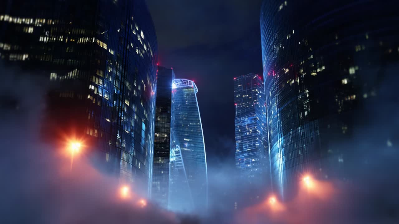 Illuminated Modern Skyscrapers Surrounded by Fog at Night, Showcasing a Futuristic Urban Landscape with Glowing Lights and Reflective Glass Facades in an Enigmatic Atmospheric Setting