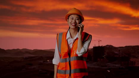 construction worker on phone at sunset