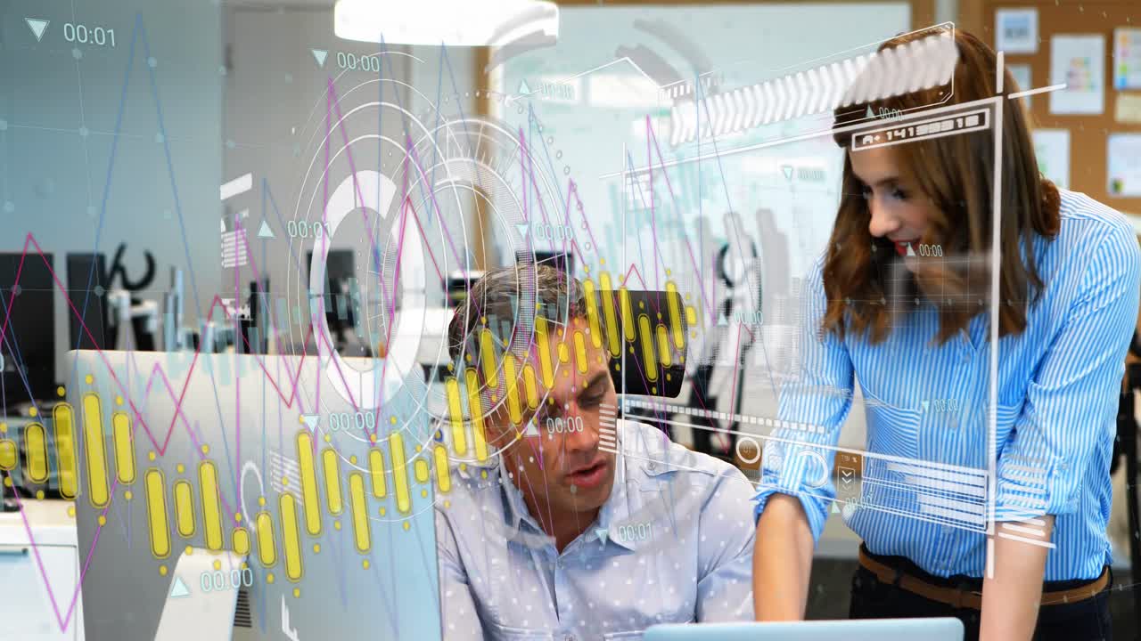 animación de estadísticas y procesamiento de datos financieros sobre diversos empresarios en la oficina