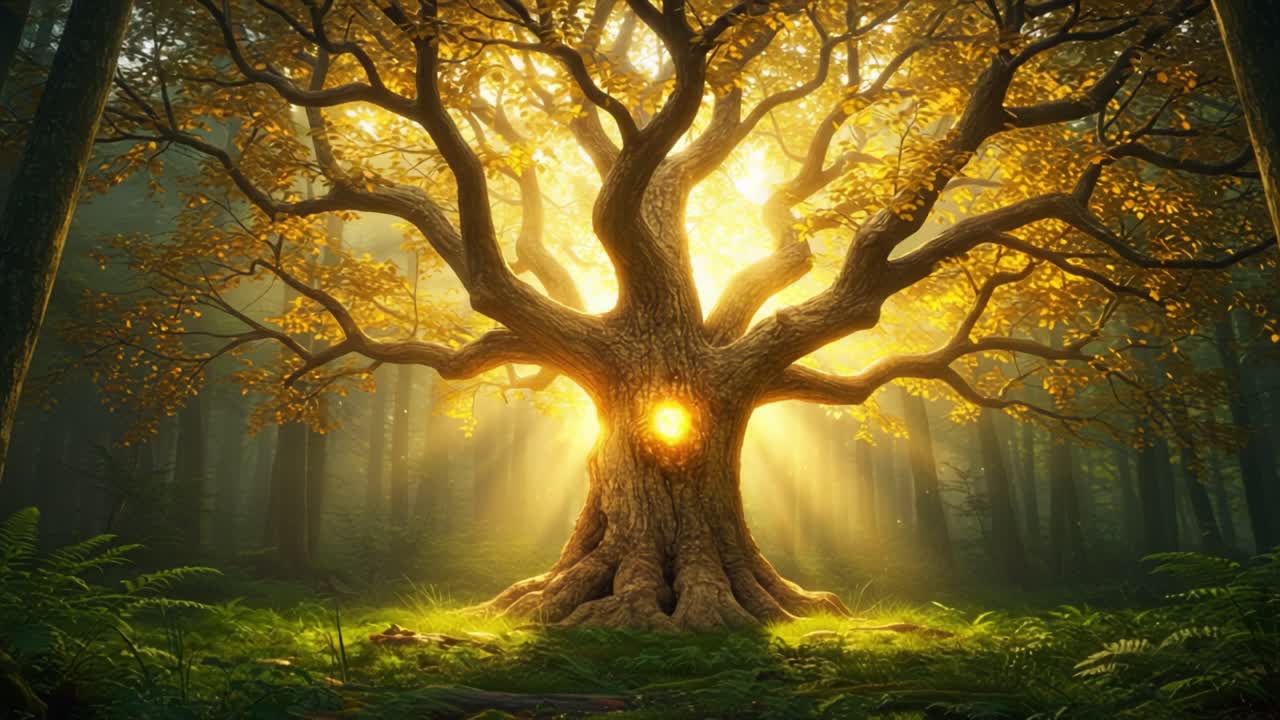 Captivating Glimpse of a Majestic Tree Illuminated by Sunlight in a Lush Forest, Evoking a Sense of Wonder and Serenity Amidst Nature's Splendor