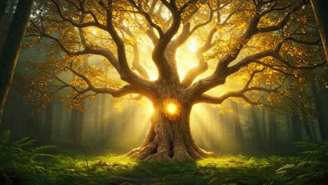 captivating glimpse of a majestic tree illuminated by sunlight in a lush forest, evoking a sense of wonder and serenity amidst nature's splendor