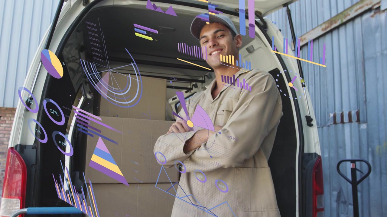 Lieferant posiert in Lieferwagen, Kamera zoomt und initiiert eine animierte Grafik, die Logistikprozesse darstellt.