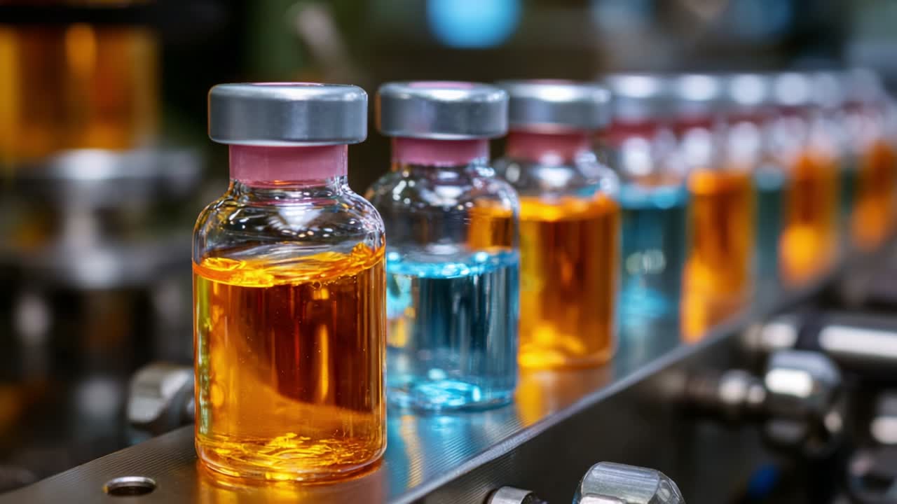 A close-up view of meticulously arranged glass vials filled with various vibrant liquids, showcasing the detailed colors that reflect precision in pharmaceutical manufacturing processes and quality control standards