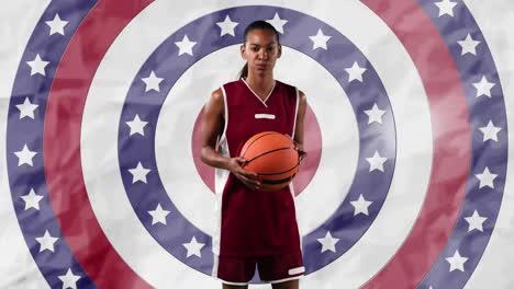 Animation-of-female-basketball-player-over-american-flag-pattern-and-colour-circles