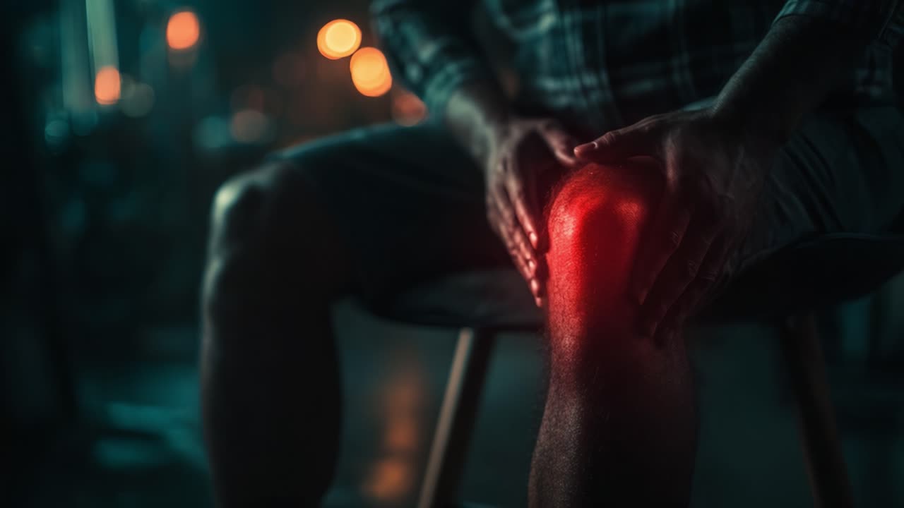 A Series of Two Frames Highlighting the Struggles of Knee Pain and Discomfort in a Dimly Lit Environment, Focusing on Physical Strain and Sensitivity