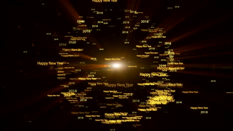 fondo de movimiento de animación, 2018 feliz año nuevo texto palabra volar en el fondo en forma de círculo naranja.