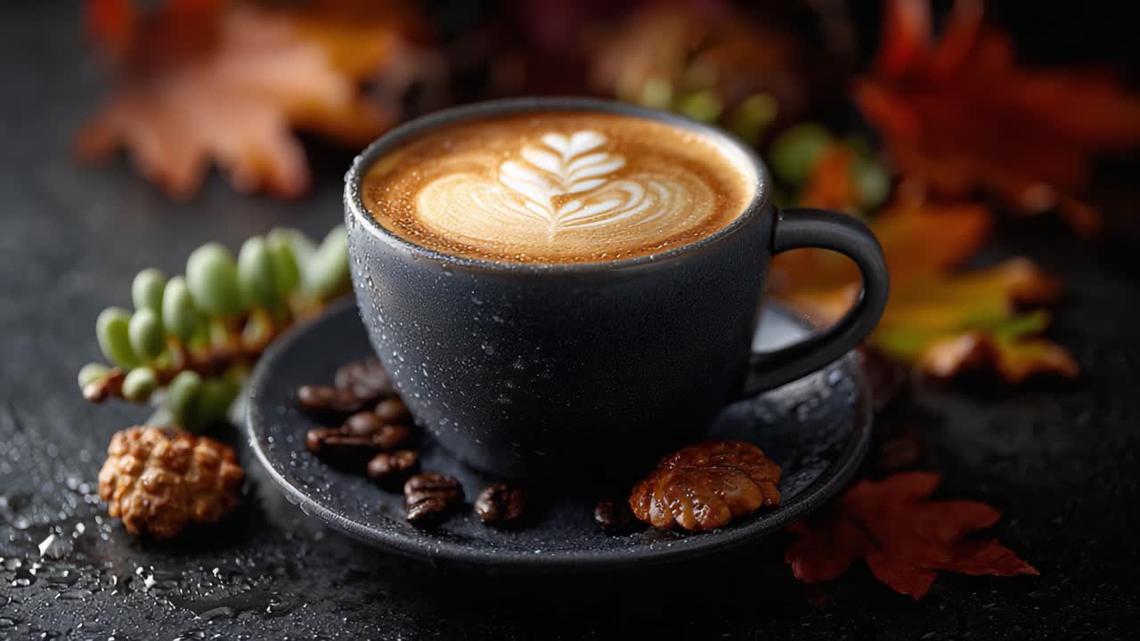 Aromatic Coffee Delight Surrounded by Autumn Leaves and Treats: Capturing the Warmth and Cozy Essence of Fall in Every Sip