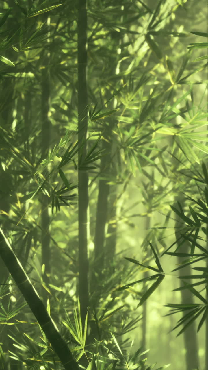 Vibrant sunlight shining through a lush bamboo forest in harmony