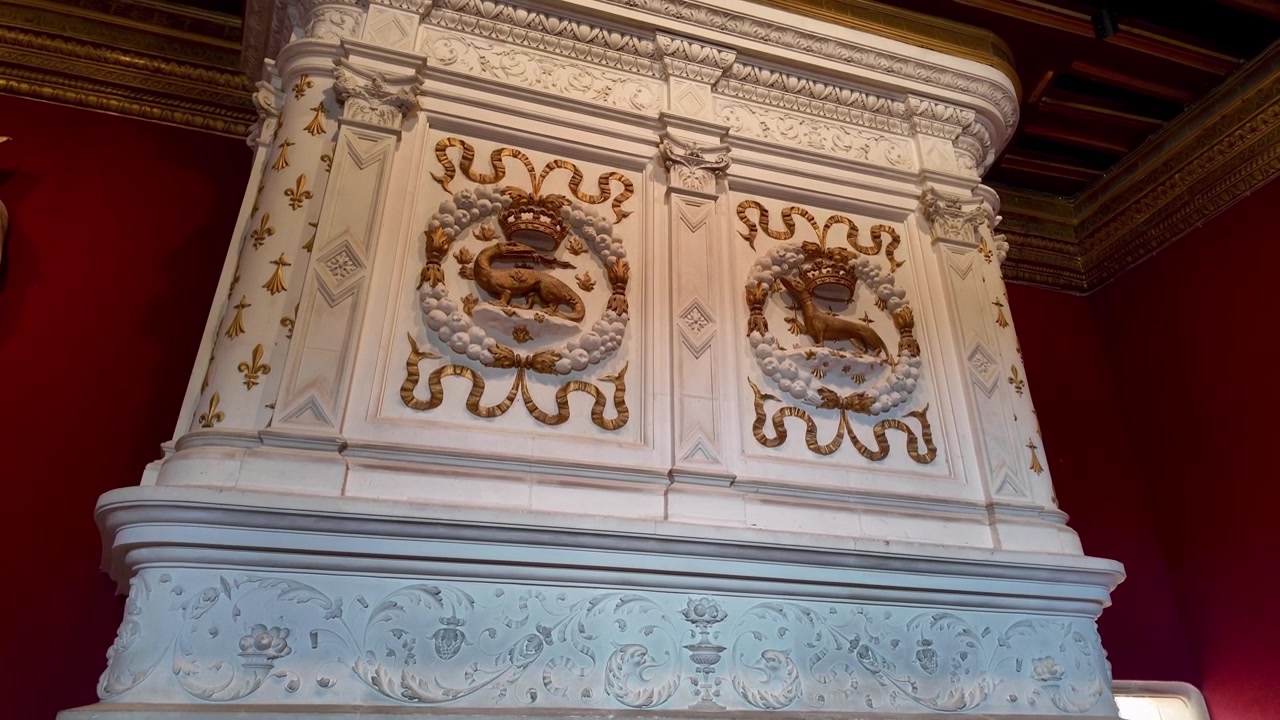 Primo piano del camino rinascimentale riccamente decorato al Castello di Chenonceau, caratterizzato da ornati rilievi scolpiti, emblemi araldici reali, dettagli dorati ed eleganti intagli in pietra