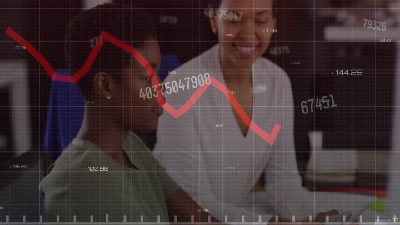 Animation of changing numbers and red graph against two diverse women discussing at office