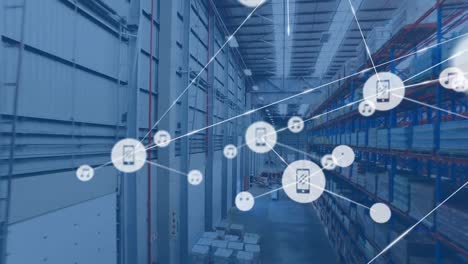 animation of networks of connections with icons over empty warehouse