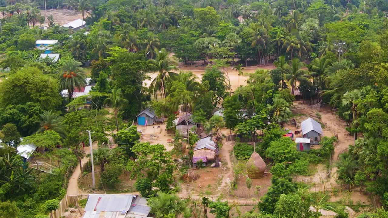 A rural indigenous tribe village deforesting the Amazon rainforest to build houses and huts in the surrounding area.