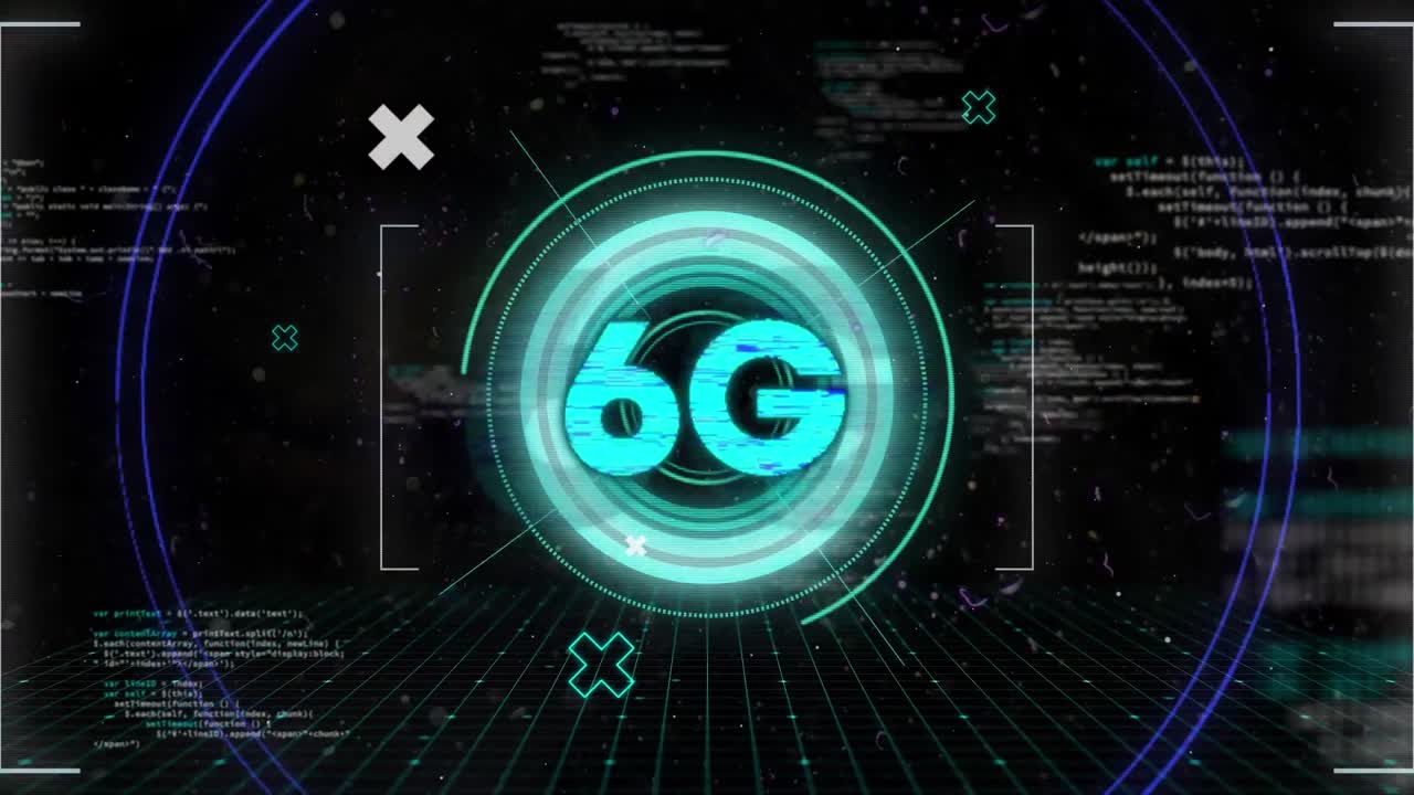 animación de texto 6g, escaneo de alcance y procesamiento de datos por computadora.