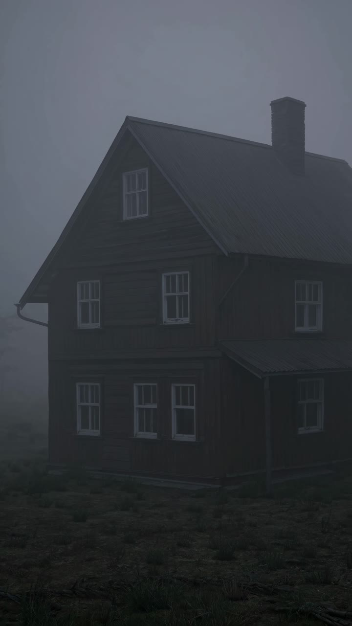 Gloomy and mysterious atmosphere surrounding a solitary house immersed in a thick fog, creating a suspenseful and eerie scene during a cold morning