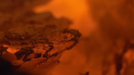 extreme close-up of glowing embers on burning woods in the fireplace