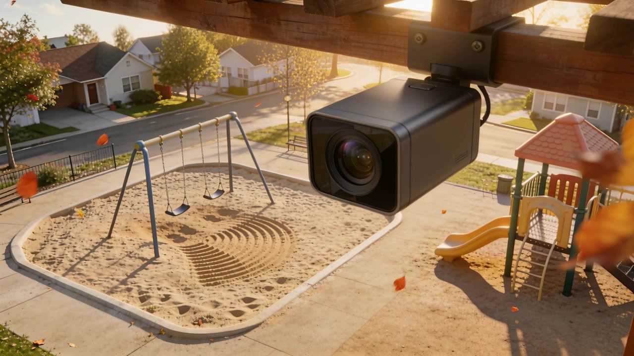 Monitoring mounted camera under pergola over park, breeze moving leaves across lens