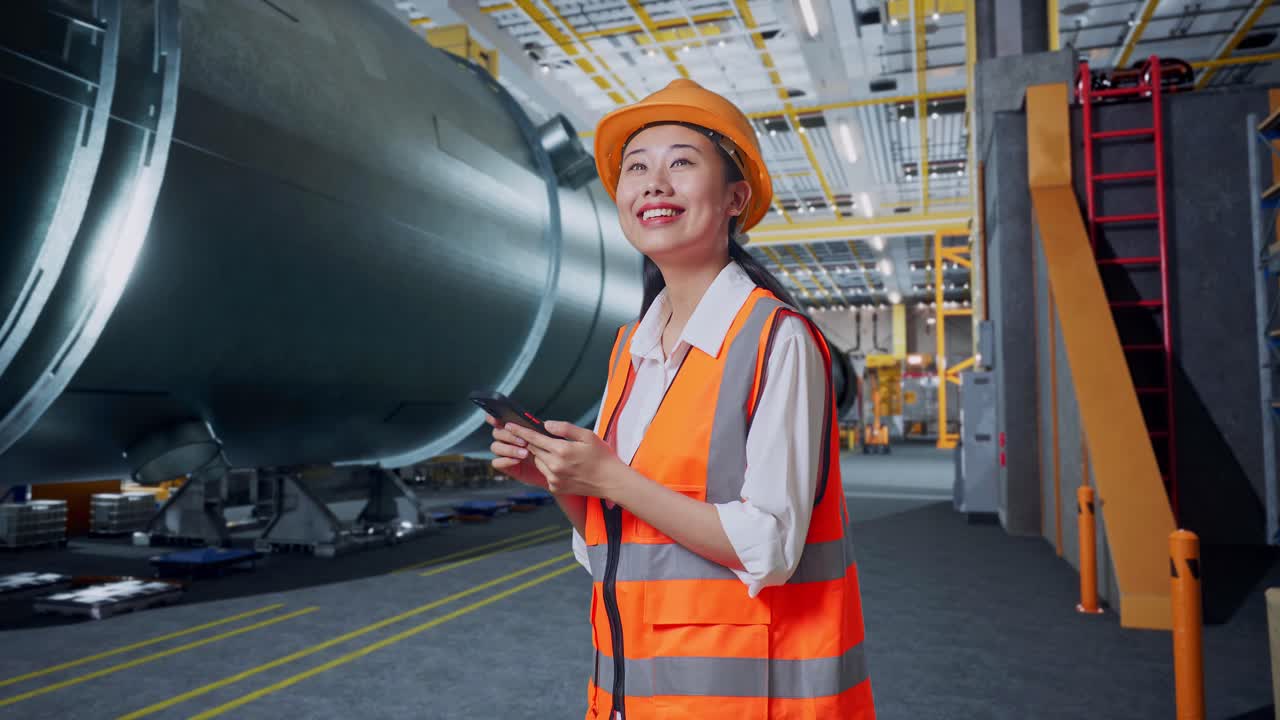 안전 헬을 착용한 아시아 여성 엔지니어가 스마트폰을 사용하고 파이프 제조 공장에서 서서 주변을 둘러보고 있다.
