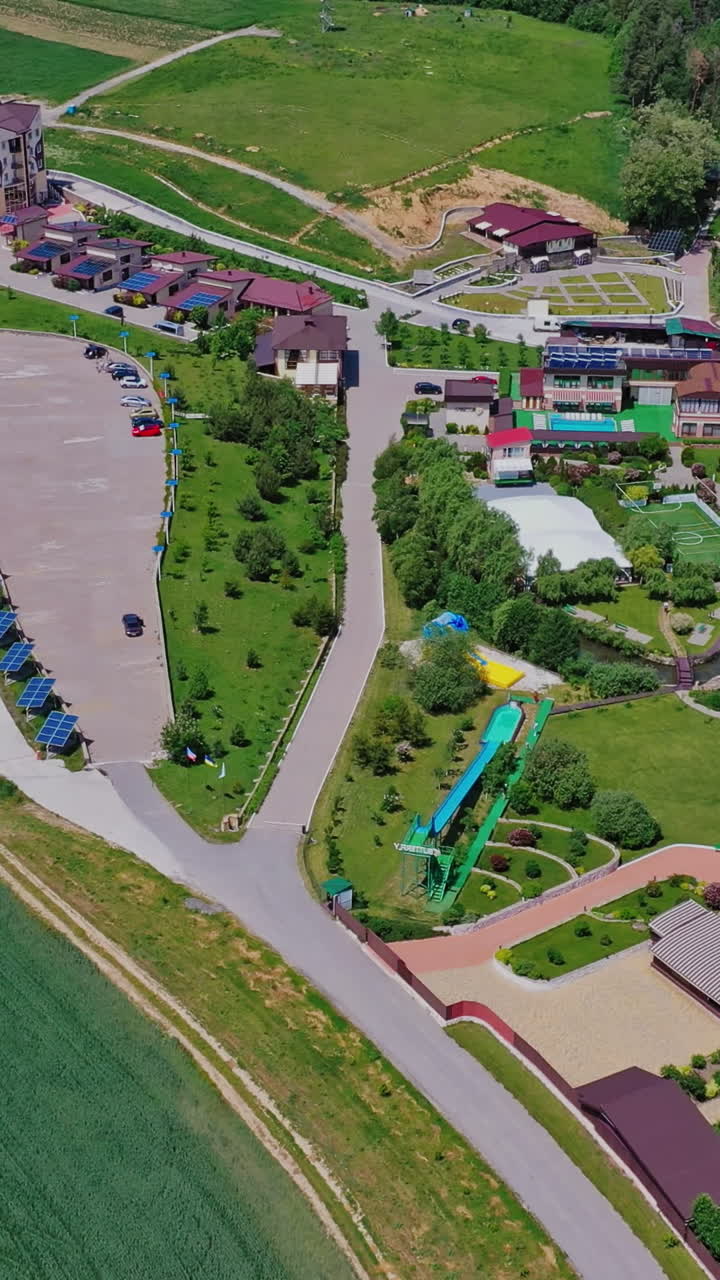 Aerial view of a resort complex with a water park