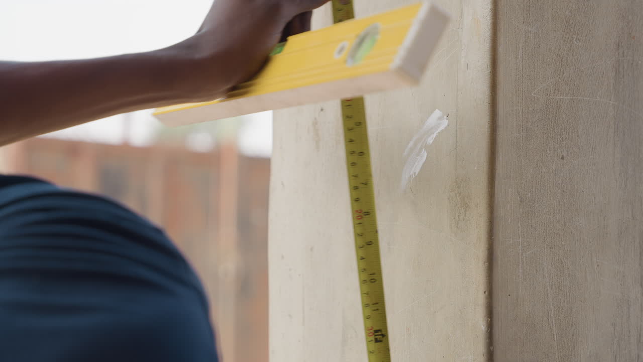 Uomo di colore che livella un muro con livella e metro a nastro, assicurando la verticalità per la riparazione dell'intonaco su una colonna di casa. Atmosfera da cantiere esterno, lavoro concentrato di un operaio edile, primo piano della bolla dello strumento e della mano, preciso.