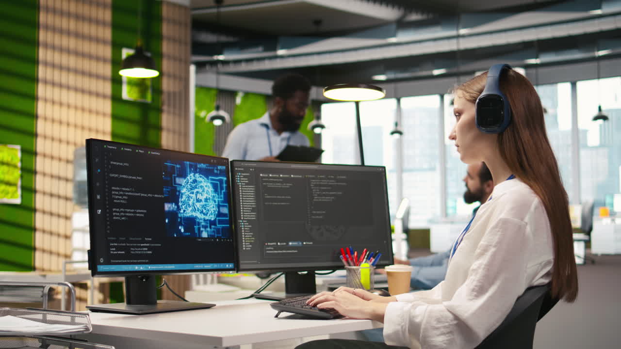 Young Female Programmer In Office Reviewing Ai System Metrics, Listening Music