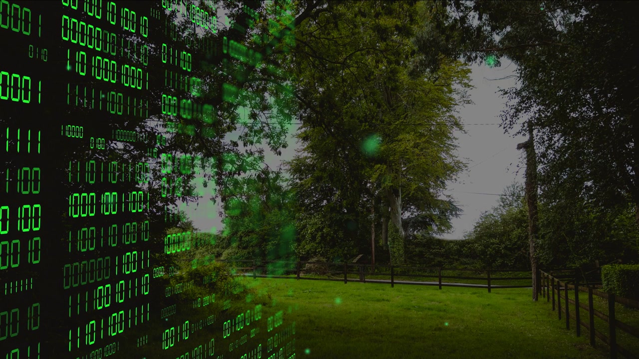 Green binary column appearing left, sending glowing motes across grassy lawn to show data overlay