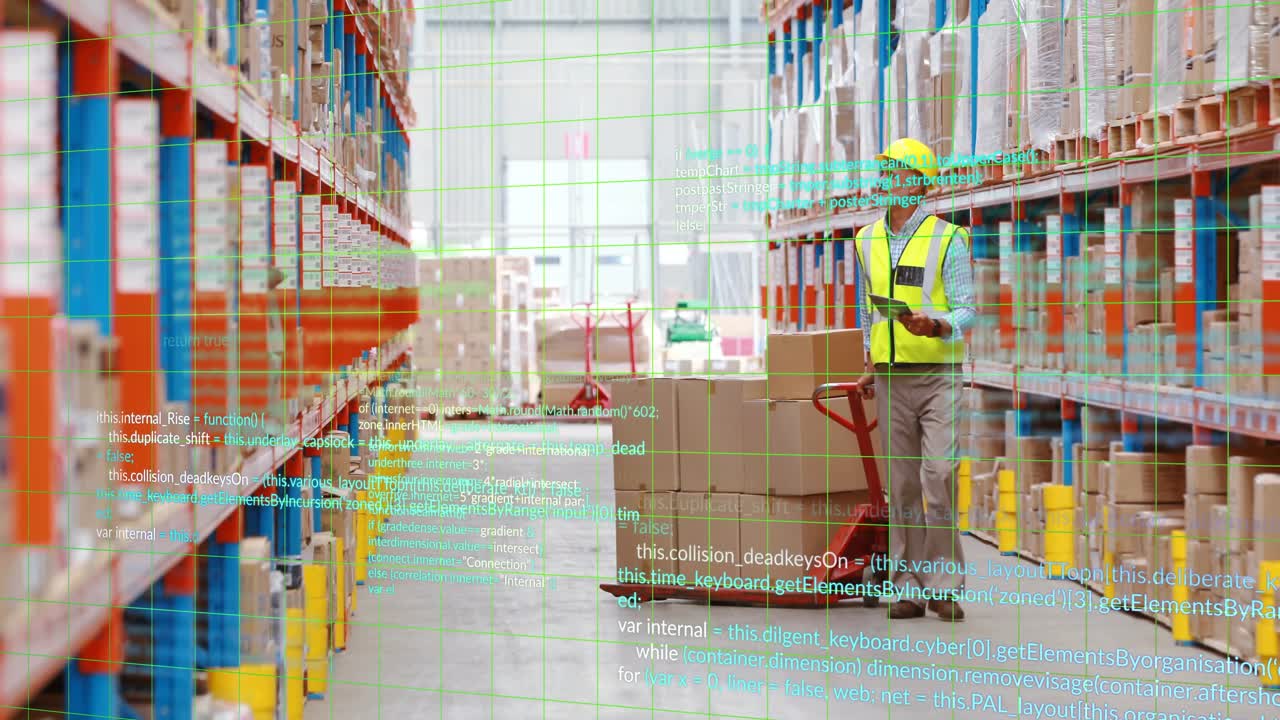 Warehouse worker scanning tablet, activating AR overlay steering pallet jack confirming inventory