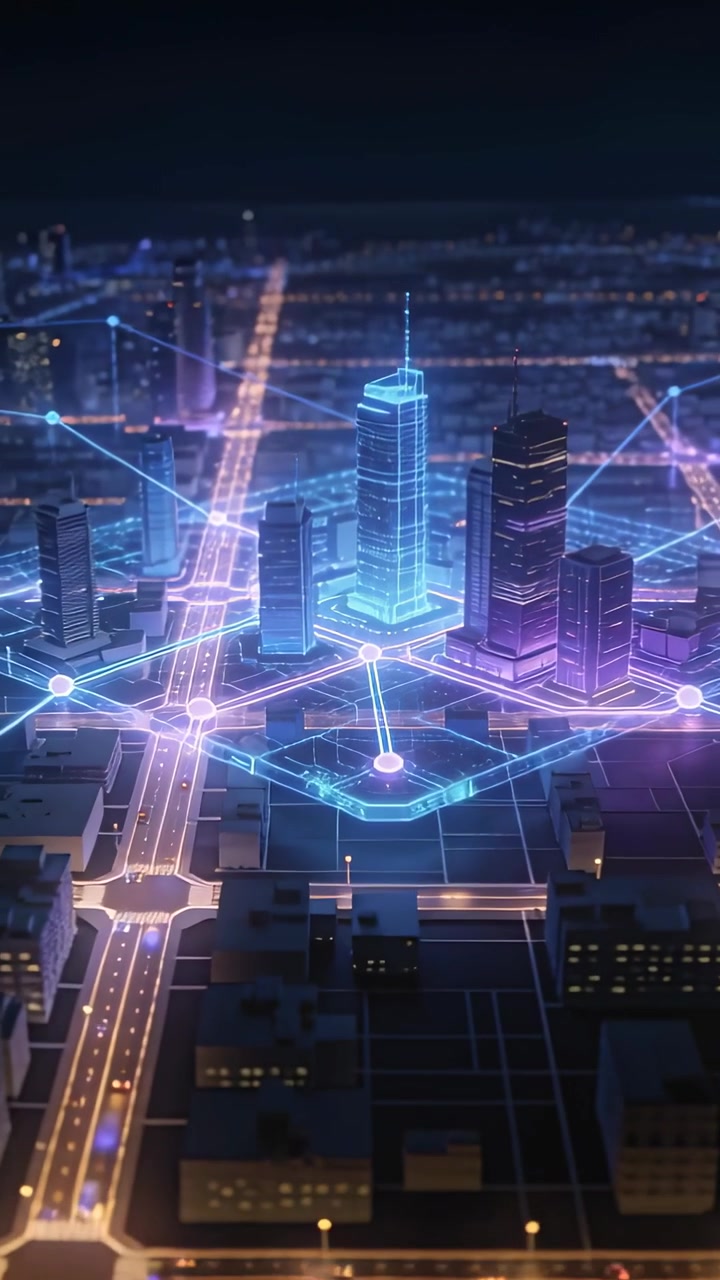 Video verticale: Telecamera che si allontana mostrando una torre wireframe ciano con antenna che mappa il flusso di dati della città.