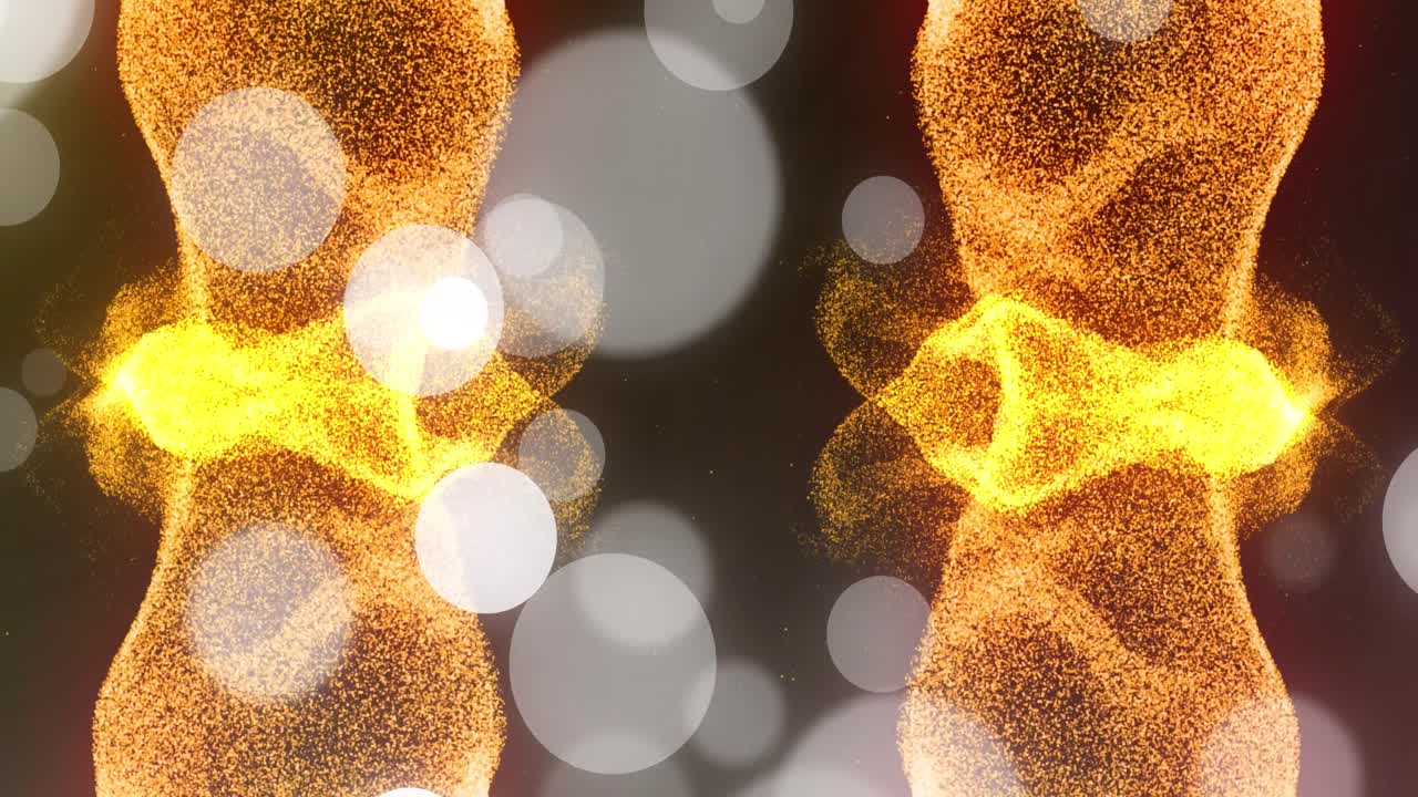 검은 바탕에 오렌지색 입자의 파도 위에  ⁇ 색 빛 반점이 있습니다.