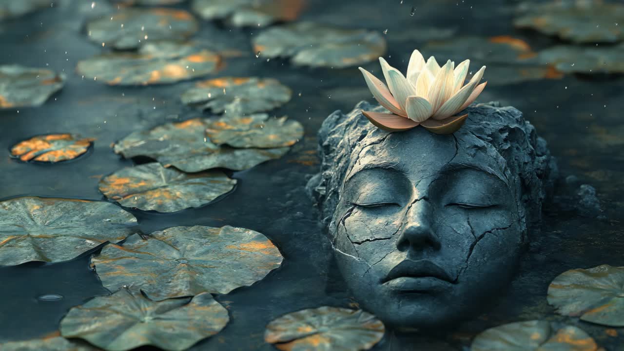 A Stone Woman's Face Floating in a Pond with Water Lilies