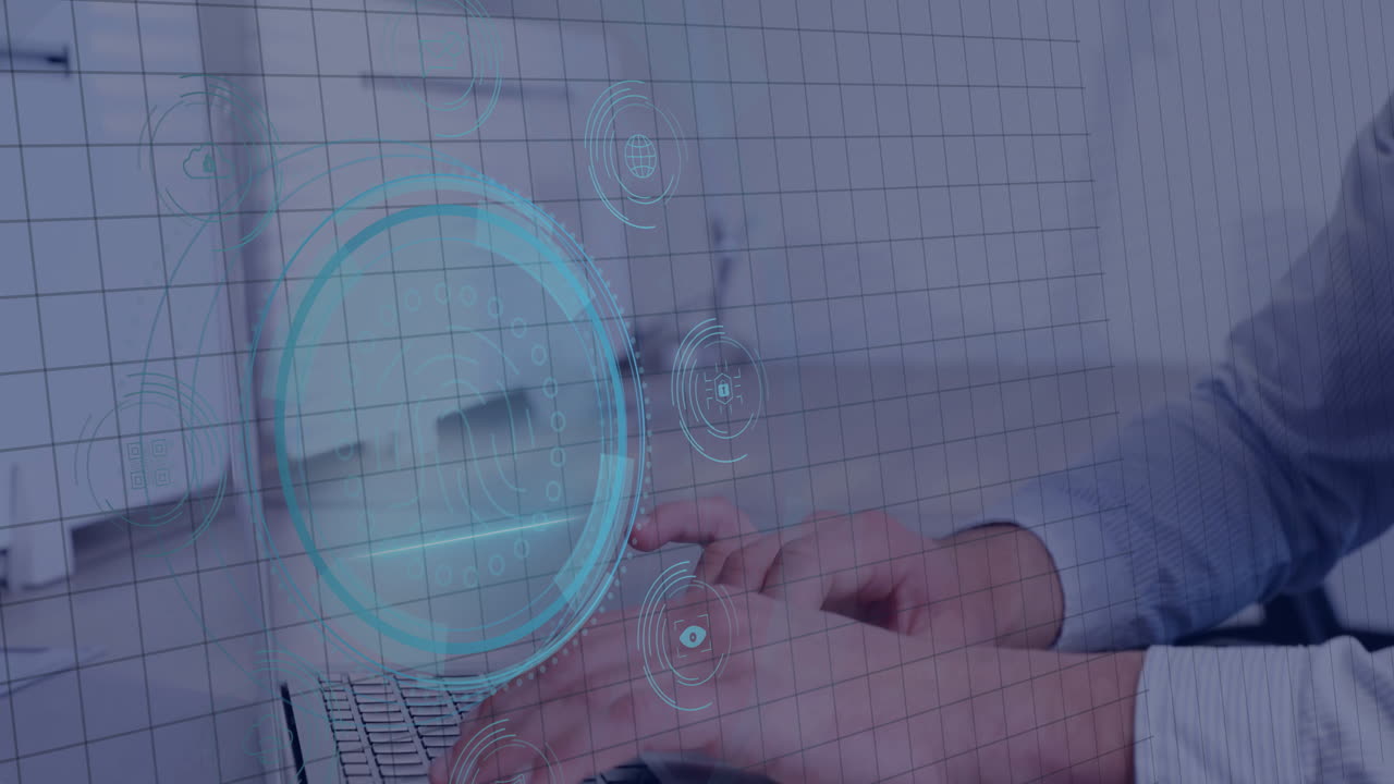 Hands typing on laptop with animation overlay in school setting