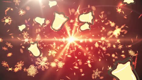 Animation-of-falling-bells-and-white-snowflakes,-with-spotlight-on-red-background