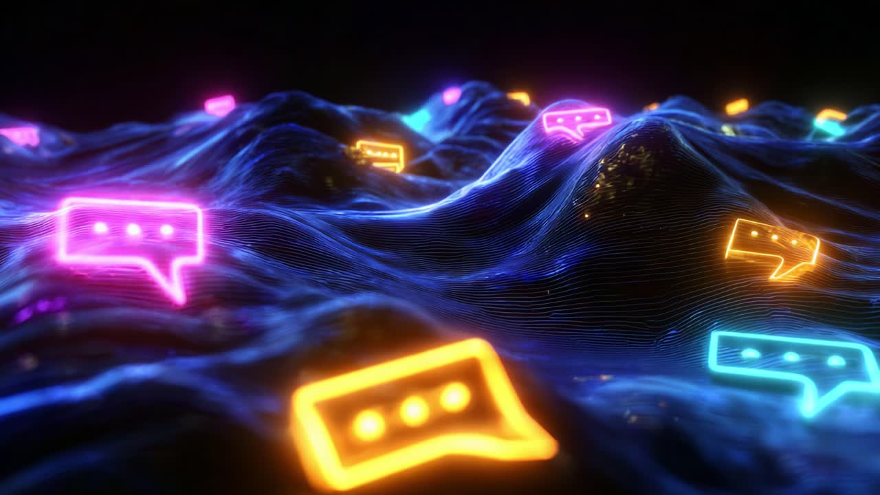 An Abstract Representation of Digital Communication: Vibrant Neon Speech Bubbles Flowing Over a Textured Landscape, Symbolizing Connectivity in Modern Online Conversations and Social Interactions