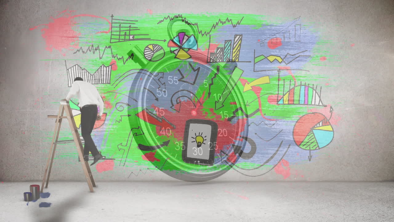 계단과 스 ⁇ 워치에 사업가와 함께 통계와 아이콘의 애니메이션