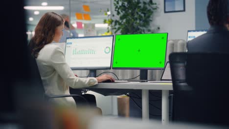 young confident businesswoman using desktop computer with green screen mock up display in modern office. manager working on commercial, financial and marketing projects. specialist in diverse team.