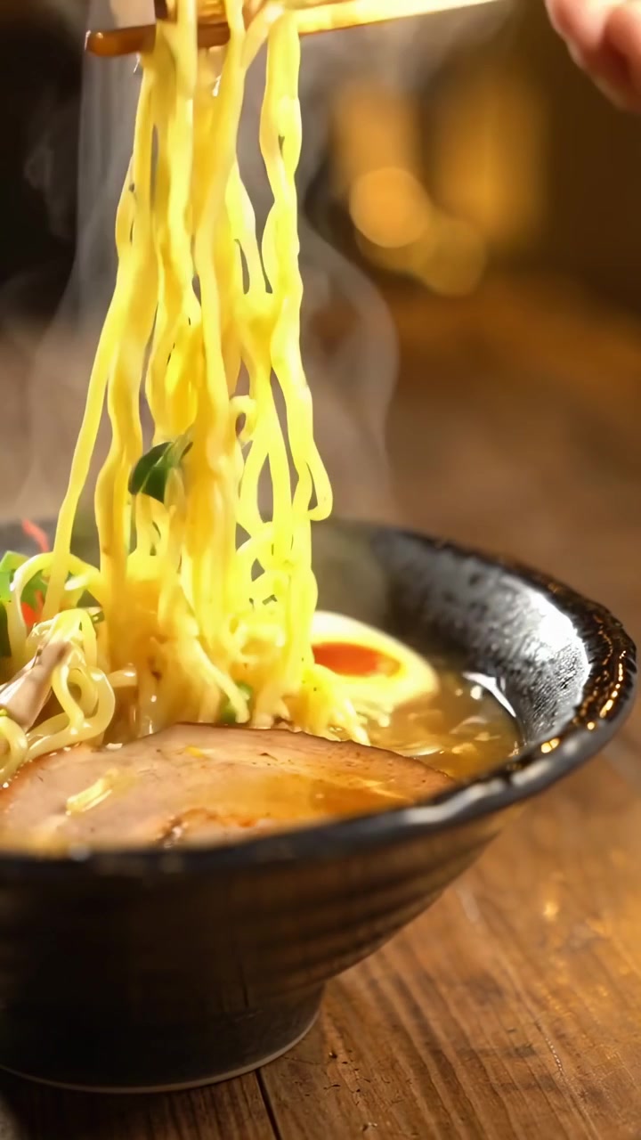 Primo piano di noodles ramen fumanti sollevati con le bacchette