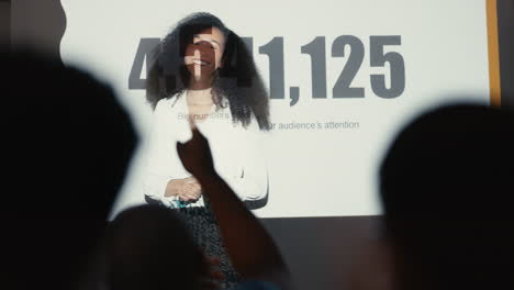 projector, presentation and woman with applause