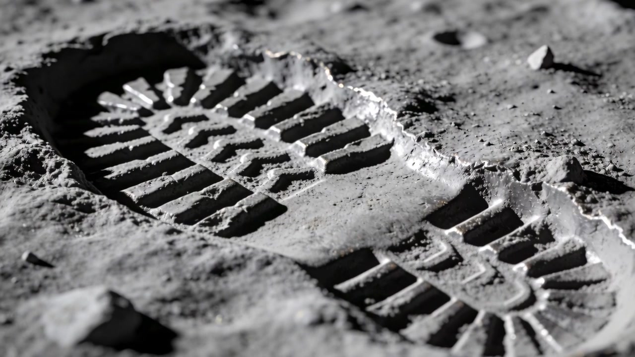 La telecamera panoramica rivela un'impronta di stivale su terreno lunare, mostrando il battistrada compattato e ombre nette.