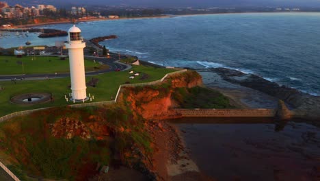 Aerial-View-Wollongong-Head-Harbor-And-Lighthouse,-NSW,-Australia