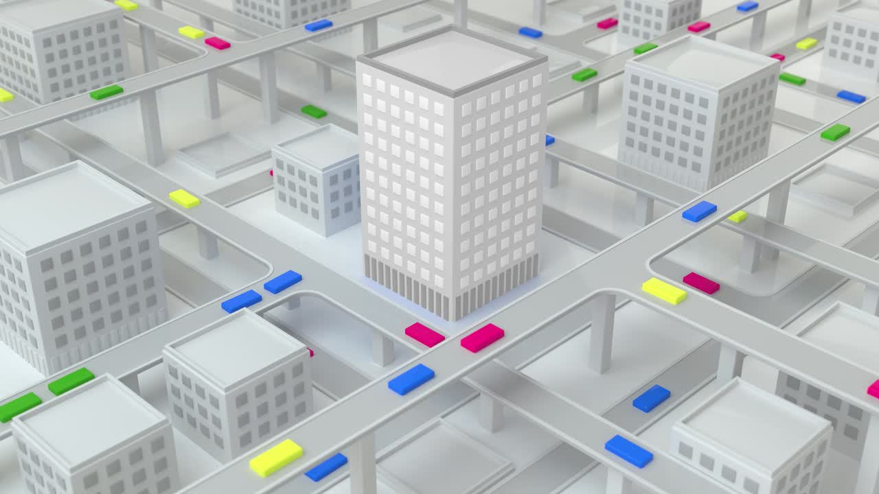 낮에는 교통량이 많은 도시의 고속도로. 도시 생활의 개념, 교통체증, 대도시, 도시주의. 이소메트릭 도시 뷰. 의 은 깊이. 3d 렌더링 애니메이션 루프.