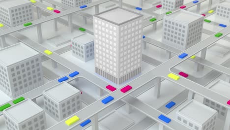 autopista en una ciudad con intenso tráfico durante el día. el concepto de vida urbana, atascos de tráfico, metrópolis, urbanismo. vista isométrica de la ciudad. profundidad de campo poco profunda. bucle de animación de renderización 3d. 4k uhd