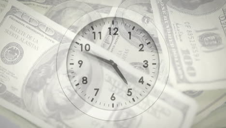 animation of clock ticking over american dollar bills