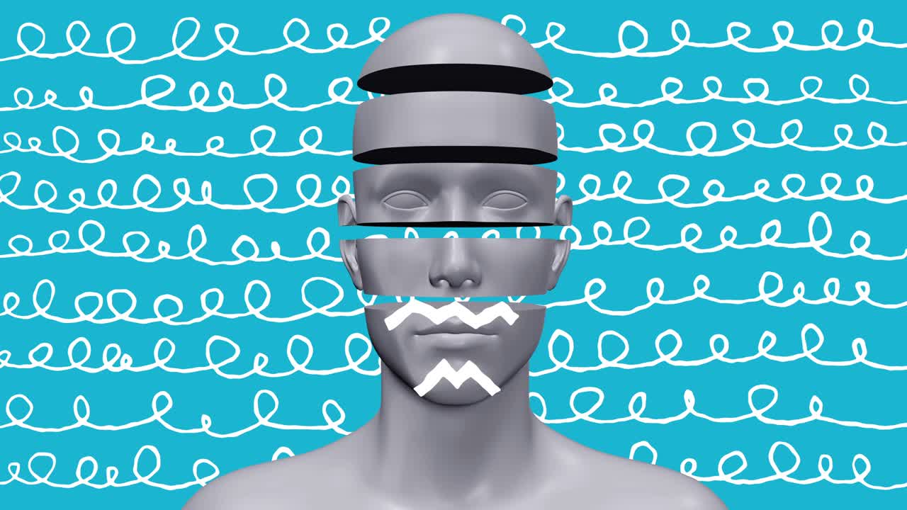 minimal gráfico colorido diseño psicodélico. concepto de arte abstracto del cuerpo humano con formas de dibujo doodle. personaje realista en 3d hombre o mujer en estilo creativo de stop motion. animación de bucle de moda de dibujos animados