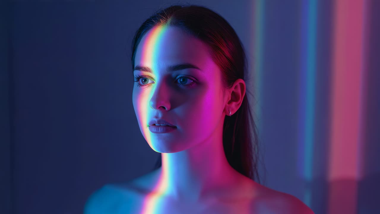 LED lights projecting rainbow stripes onto model in studio causing head turning showing color shift