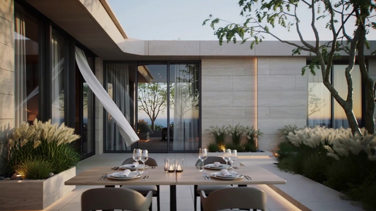 Una tenda trasparente che ondeggia per la brezza, mentre la telecamera si muove in avanti rivelando un tavolo di legno su una terrazza, con candele.